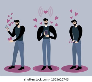 Man with beard with happy face hold phone and red hearts or valentine cards Hipster ready to celebrate valentine's day  Love and holidays concept.