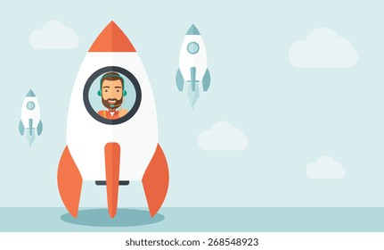 A man with beard is happy inside the rocket it is a metaphor for starting a business, new beginning. On-line start up business concept.  A Contemporary style with pastel palette, soft blue tinted