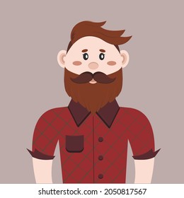 a man with a beard, he has a red shirt and a brown hair