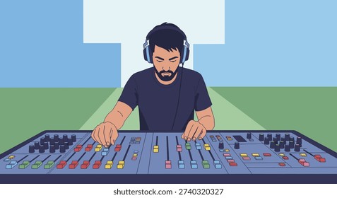 A man with a beard and headphones is focused on adjusting controls on a large audio mixing board.