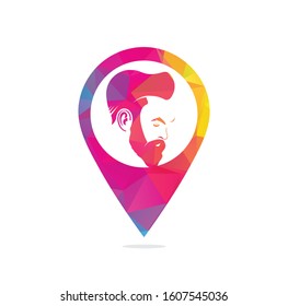 Man beard hipster barbershop map point vector emblem. Bearded man's face, hipster character.	