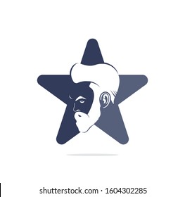 Man beard hipster barbershop star shape concept vector emblem. Bearded man's face, hipster character.	