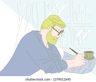 A man with a beard in his blonde hair is sitting at his desk and writing. hand drawn style vector design illustrations. 