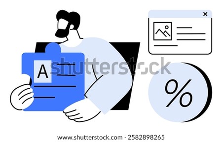 Man with beard holding a blue puzzle piece with text. Nearby, a web browser window with an image and a percentage symbol. Ideal for teamwork, strategy, data analysis, integration, problem-solving