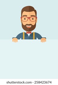 The man with a beard holding board. Vector flat design illustration. Vertical layout with a text space in a bottom.