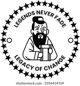 A man with a beard holding a book and the words "legacy of change" written around him