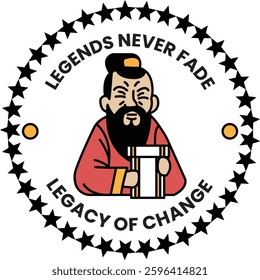 A man with a beard holding a book and the words "legacy of change" written around him