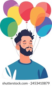 A man with a beard is holding a bunch of balloons, hand made not AI.