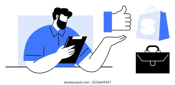 A man with a beard is holding a clipboard and giving a thumbs up. Beside him is a shopping bag and a briefcase. Ideal for business, e-commerce, productivity, online shopping, and workplace themes