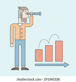 The man with a beard holding a telescope and seeing the graph towards success. Improvement concept. Vector flat design Illustration.