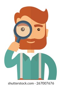 A man with beard holding while looking through a magnifying glass to figure out his business. Vector flat design illustration isolated on white background. Vertical layout. 