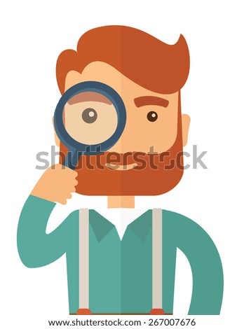 A man with beard holding while looking through a magnifying glass to figure out his business. Vector flat design illustration isolated on white background. Vertical layout. 