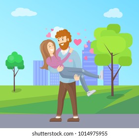 Man with beard holding woman on hands vector illustration of couple in love with hearts over heads isolated on background of skyscrapers in park