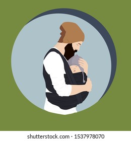 A man with a beard holds a baby in a sling. Man standing sideways, vector illustration.