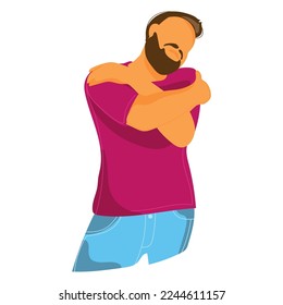 Hombre con barba abrazándose a sí mismo, autoamor concepto vector ilustración aislada. Persona ilustración plana masculina. Tómate tiempo para ti mismo. Abrace equidad