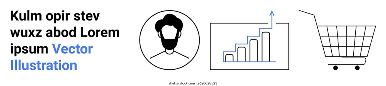 Hombre con icono de barba, gráfico de barras con flecha hacia arriba y Carrito de compras. Encabezado de texto en negro y azul. Ideal para comercio electrónico, crecimiento de negocios, análisis de datos, avatares de usuarios, servicios tecnológicos, marketing