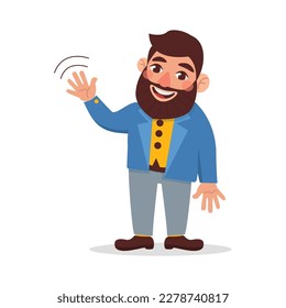 Man with a beard in a jacket waves his hand. Greetings.