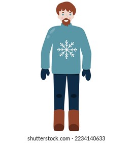 Man with beard in knitted sweater and mittens, outdoor winter activity, vector