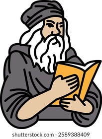 A man with a beard and long hair is holding a book. He is wearing a gray robe and a hat. The book is yellow and has a title on the cover