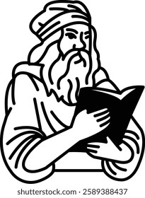 A man with a beard and long hair is holding a book