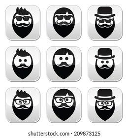 Man with beard with moustache or mustache, hipster buttons set