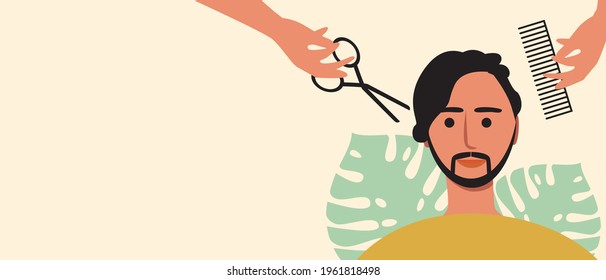 A man with a beard and mustache in a barbershop. Flat vector stock illustration. Hair, beard cutting concept. Template with copy space for design. Stylish modern hairstyle. Illustration  for overlay
