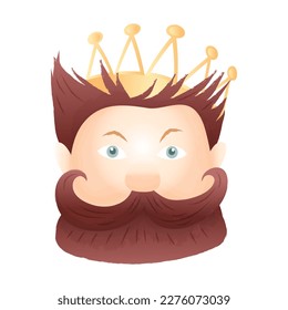 A man with a beard and a mustache in a crown. Cartoon vector king with watercolor elements.