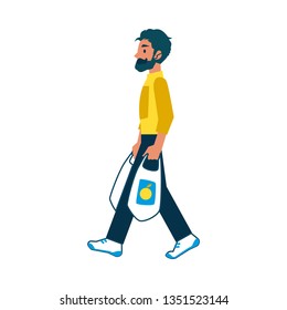 A man with a beard and mustache in a flat cartoon style carries grocery plastic bags, isolated vector illustration on white background.
