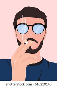 Man with a beard, mustache and glasses smoking cigarette. Vector illustration.