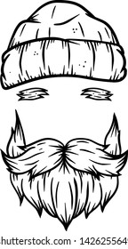 Man with a beard, mustache and a hat. Hand-drawn illustration. Old man with hair. Warm autumn knitted clothes. Fashionable hairstyle. Masculine guy hipster. Black and white picture