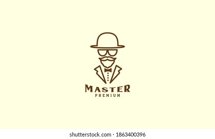 man beard mustache with hat  and suit line logo vector icon illustration design