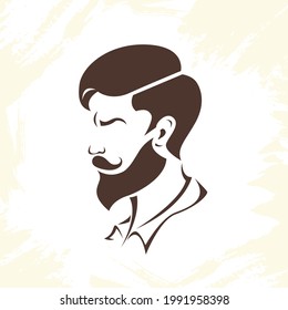 Man with beard and mustache side view in simple style isolated on white background. Barbershop design. Vector stock illustration. 