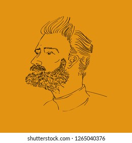 man with a beard and mustache and a trendy hairstyle. vector linear illustration