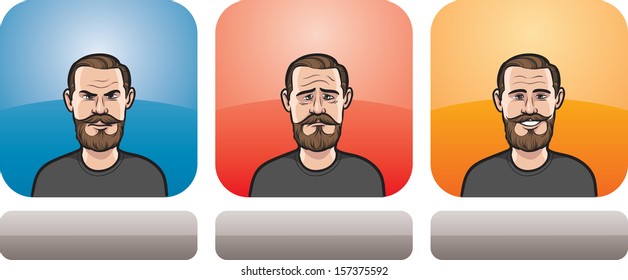 man with beard and mustaches face in three expressions: neutral, sad and happy - head and shoulders composition. Layered vector EPS10 format file.