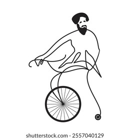 A man with a beard on an antique bicycle illustration line
