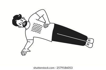 Man with beard performs side plank exercise linear icon. Sportsman improves endurance doodle character doodle thin line illustration