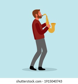 Man with beard playing saxophone in flat design. Saxophone player or musician performing jazz song.