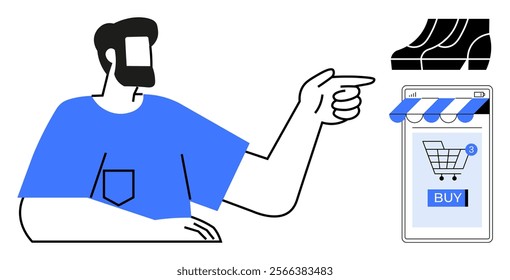 Man with beard pointing to a phone with a shopping cart and buy button. Ideal for e-commerce, online shopping, digital marketing, user interface design, mobile applications. Modern vector style