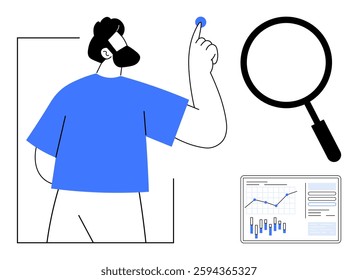 Man with beard points blue marker, accompanied by magnifying glass and digital data chart. Ideal for research, data analysis, business presentations, education, marketing, infographics, online