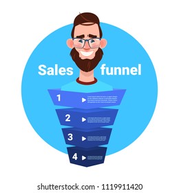 man beard portrait manager sales funnel with steps stages business infographic. purchase diagram concept over white background copy space flat design vector illustration