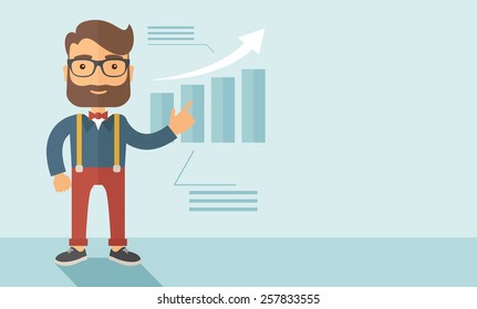 The man with a beard presenting his report through infographics. Reporting concept. Vector flat design illustration. Horizontal layout with a text space in a right.