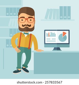 The man with a beard presenting his report through infographics in office. Reporting concept. Vector flat design illustration.