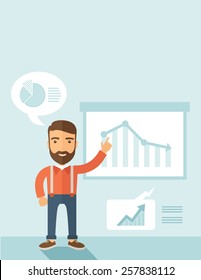 The man with a beard presenting his report through infographics in office. Reporting concept. Vector flat design illustration. Vertical layout with a text space in a top.