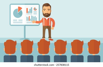 The man with a beard presenting his report through infographics in office. Reporting concept. Vector flat design illustration. Vertical layout with a text space in a top right corner.