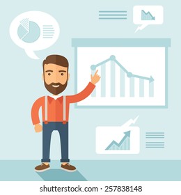 El hombre con barba presenta su informe a través de infografías en el cargo. Concepto de presentación de informes. Ilustración de diseño plana vectorial.