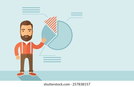 The man with a beard presenting his report through infographics. Reporting concept. Vector flat design illustration. Horizontal layout with a text space in a right.