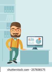 The man with a beard presenting his report through infographics in office. Reporting concept. Vector flat design illustration. Vertical layout with a text space in a top right corner.