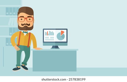 The man with a beard presenting his report through infographics in office. Reporting concept. Vector flat design illustration. Horizontal layout with a text space in a top right corner.