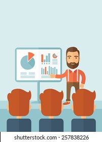 El hombre con barba presenta su informe a través de infografías en el cargo. Concepto de presentación de informes. Ilustración de diseño plana vectorial. Diseño vertical con un espacio de texto en la parte superior.