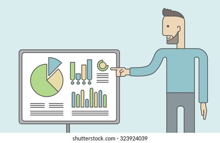The man with a beard presenting his report through infographics in office. Reporting concept. Vector line design illustration. Horizontal layout with a text space.